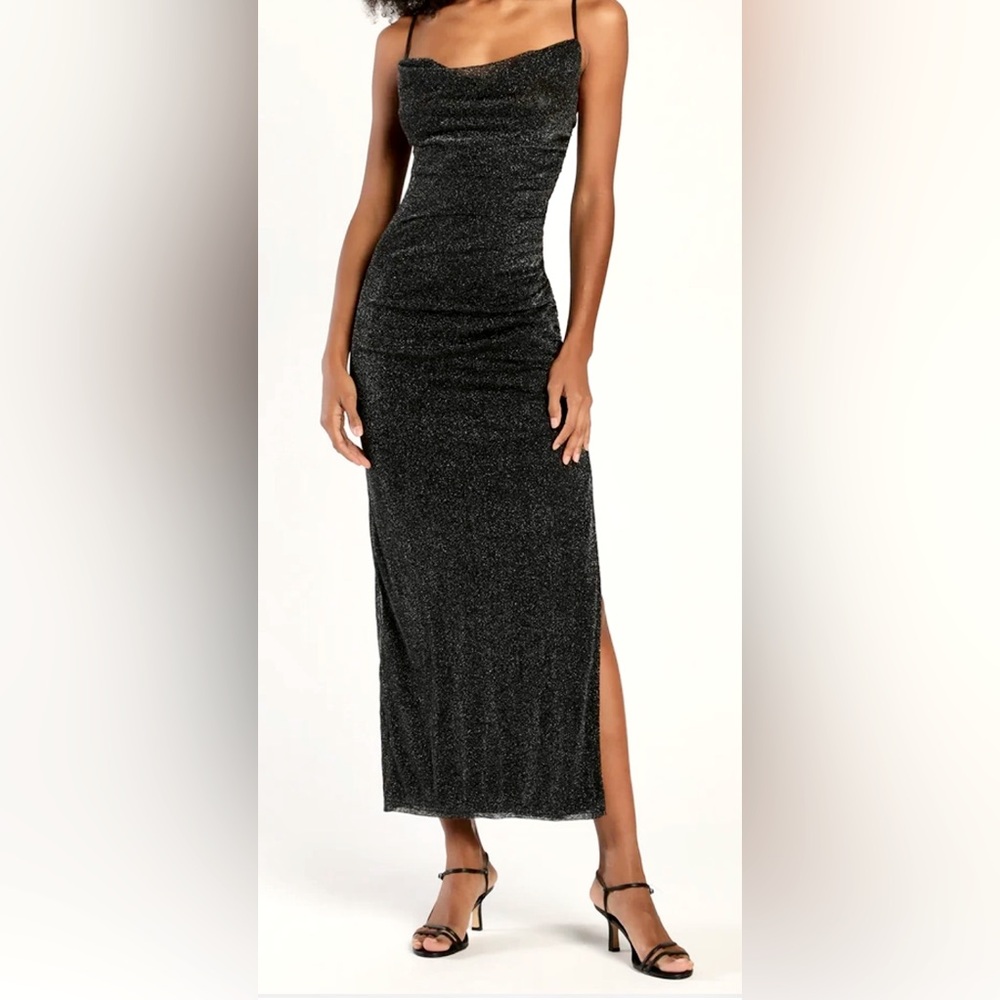 Lulus Next Please Silver and Black Cowl Neck Bodycon Dress